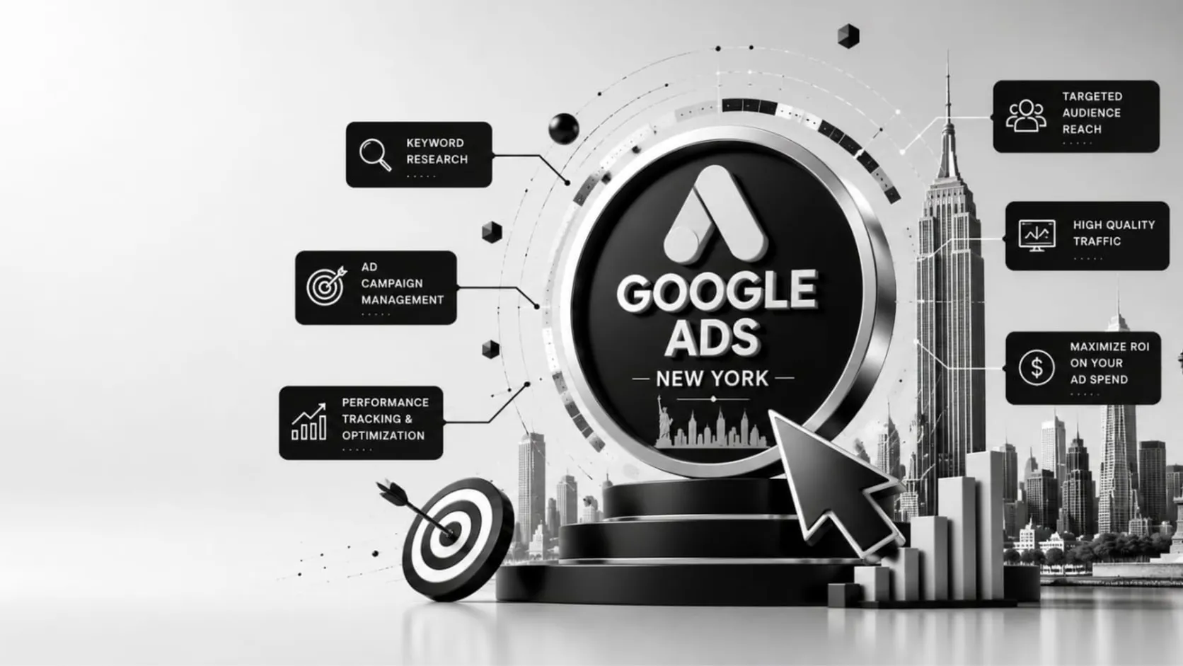 3D Google Ads podium with cursor, Empire State Building and Statue of Liberty