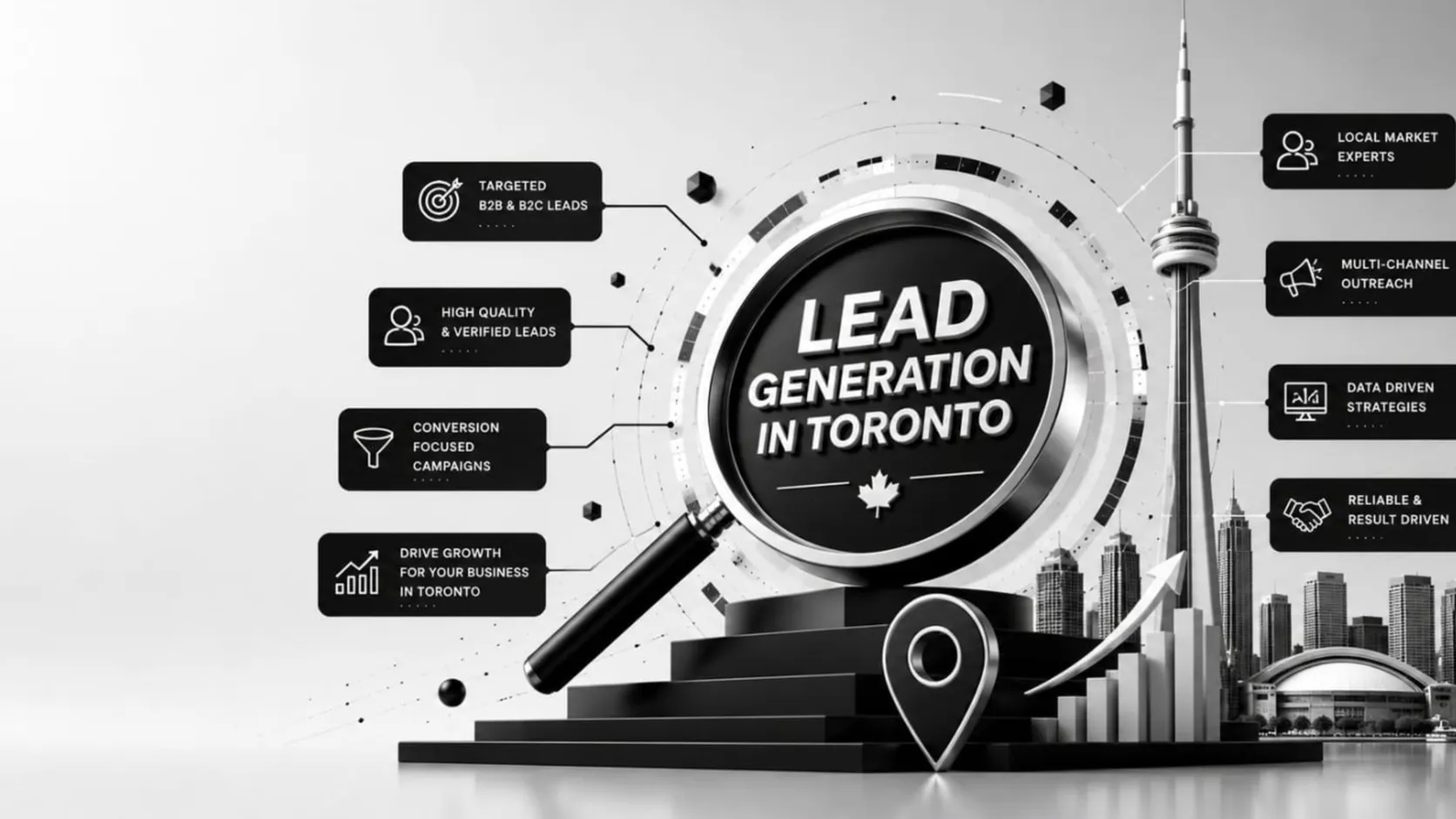 3D lead generation magnifier with the CN Tower and Toronto skyline