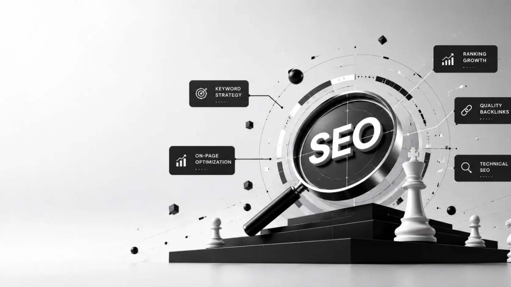 3D SEO magnifier over a chessboard with keyword, on-page, backlink and technical callouts