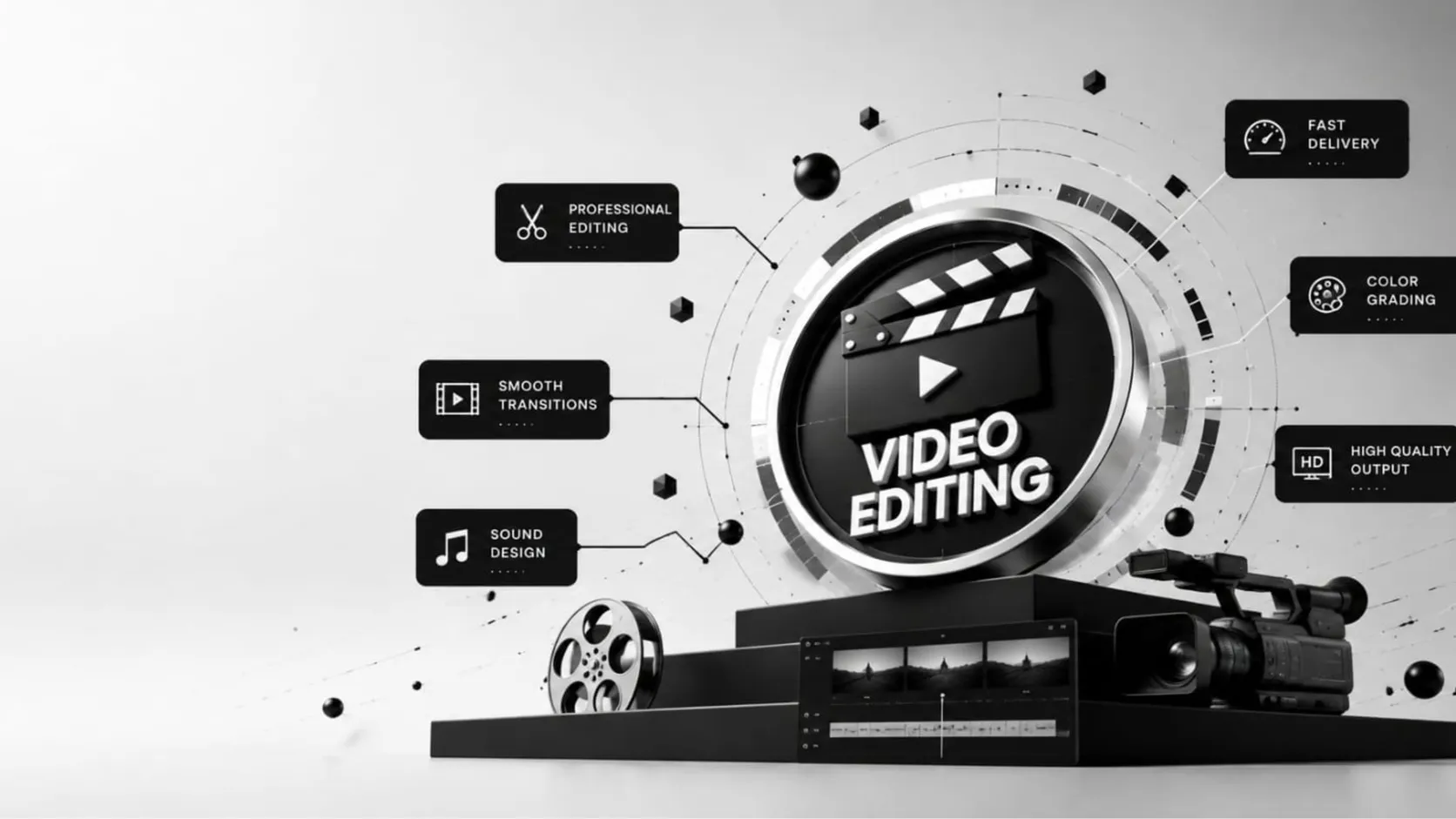 3D clapperboard and timeline with editing, colour grading and sound design callouts