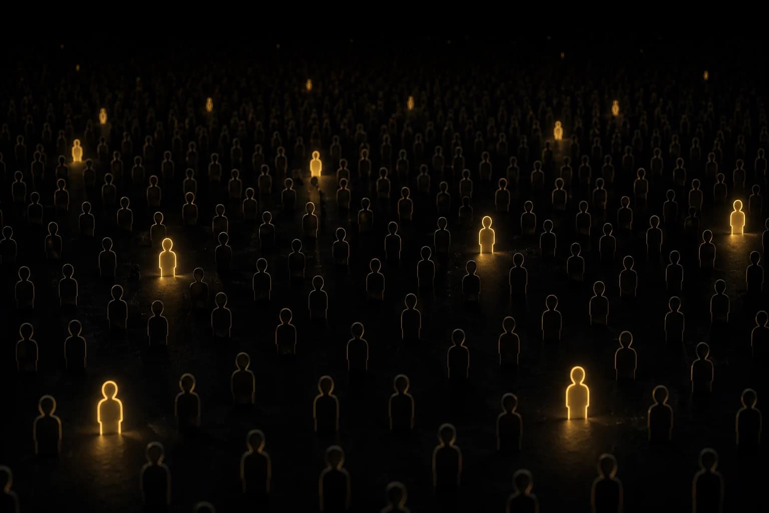 A vast crowd of hollow outlines with only a scattered few glowing solid gold