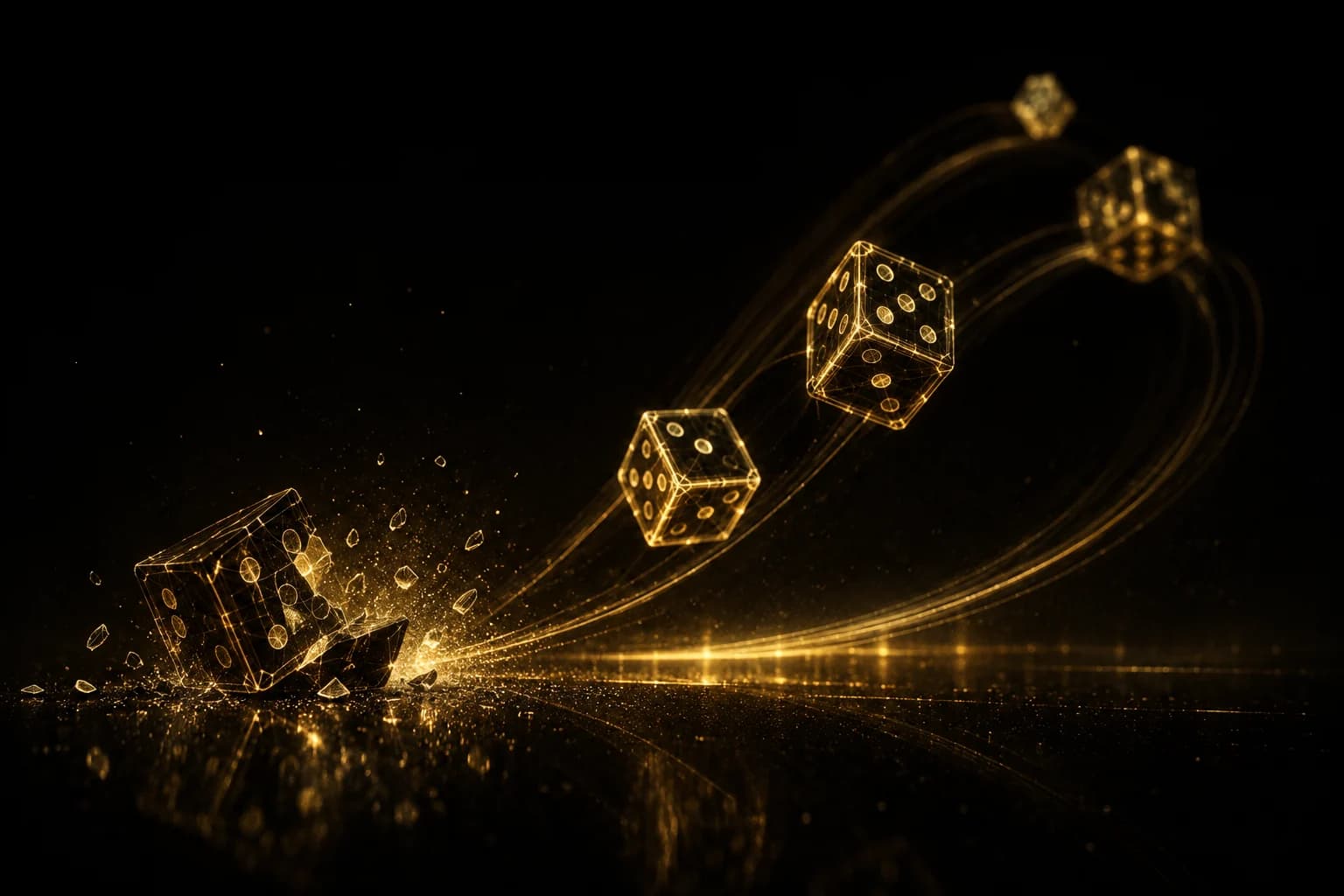 Golden wireframe dice mid-tumble with one landed and cracked open